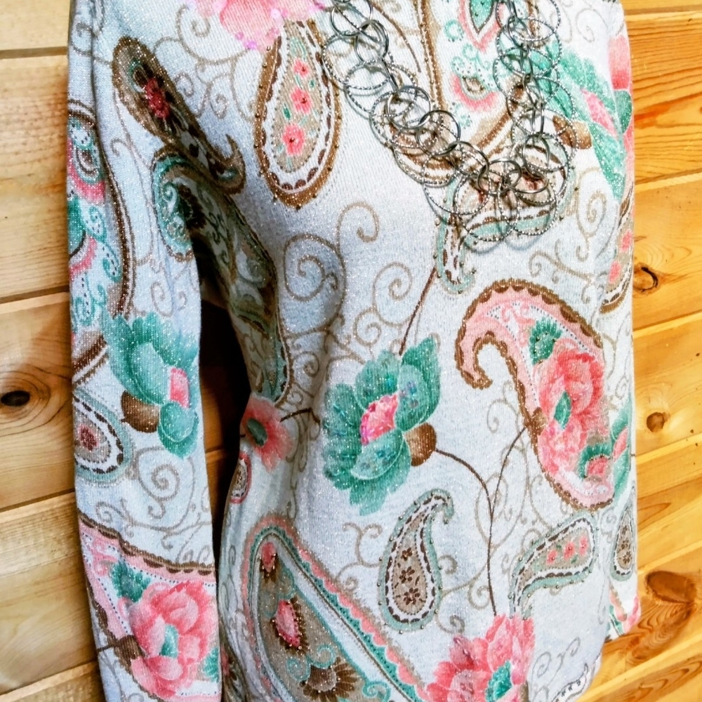 Alfred Dunner Shimmery Cream Floral & Pasley Sweater Shirt - Picture 3 of 14